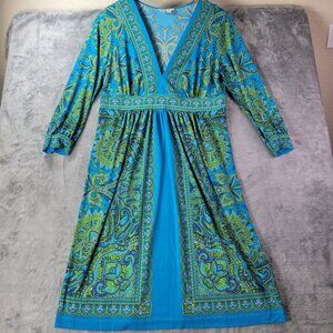 London Times Womens 10 Blue Green Paisley‎ Babydoll Y2K Boho Retro Midi Dress